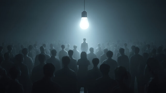 Crowd of faceless individuals stands in dimly lit space, illuminated by single bright light bulb. atmosphere is mysterious and thought provoking, evoking feelings of unity and anonymity