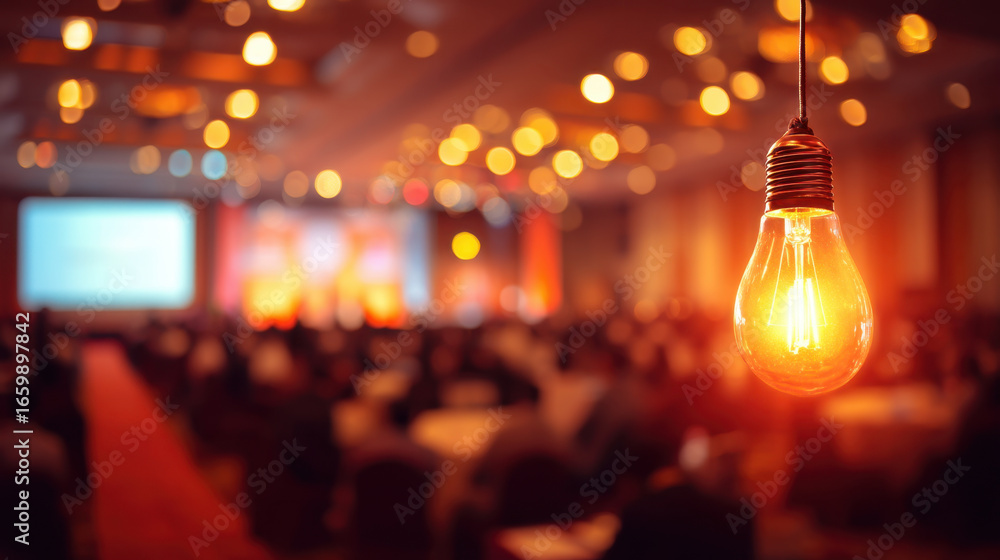 Aufkleber glowing light bulb hangs foreground, illuminating blurred conference hall filled with attendees. war