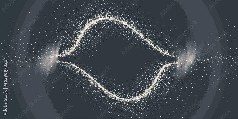 Poster abstract depiction of glowing particles forming a symmetrical shape on a dark gray background art