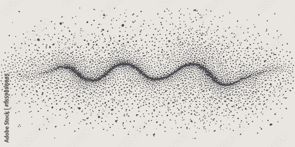 Poster a black and white image featuring a central wavy line surrounded by scattered dots of varying sizes 