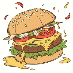 A burger with cheese, tomato and lettuce