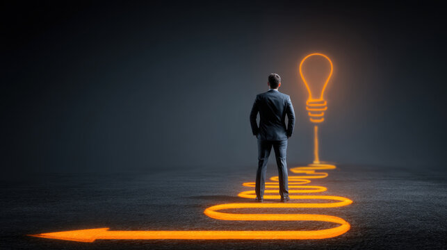 Businessman stands in dark environment, contemplating glowing light bulb symbolizing ideas and innovation. path leading to bulb is illuminated, representing guidance and inspiration