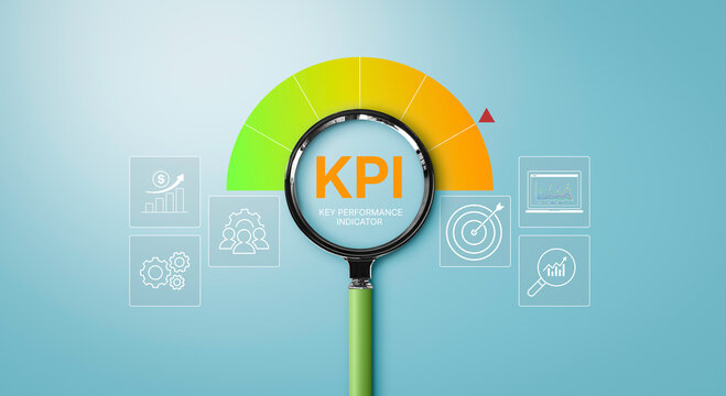 KPI measurement dashboard, Magnifying glass highlighting Key Performance Indicator, business growth analysis, performance tracking, target achievement, strategic data monitoring organizational success