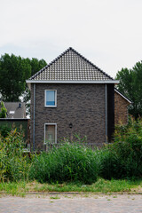 Brick house with tiled roof partially obscured by overgrown vegetation on a cloudy day in a residential area.