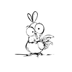 Funny cartoon chicken with big eyes – black and white doodle illustration
