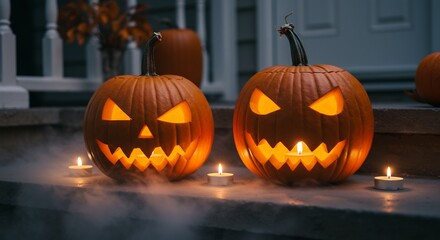 Obraz premium Two carved orange pumpkins with lit candles sit on steps producing fog A third pumpkin is in the background