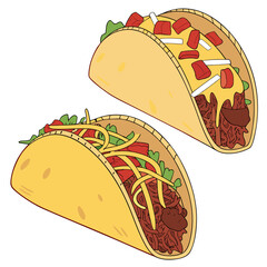Two delicious tacos with meat, cheese, lettuce, and tomato on