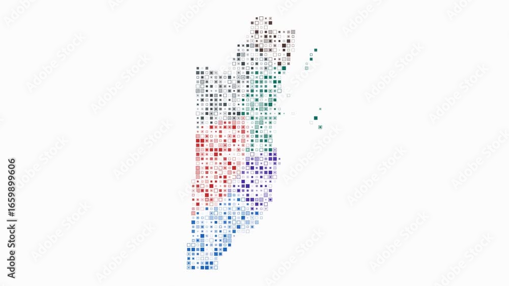 Poster Belize map animation. Shape of the country with pulsating colored dots. Small size square blocks. Digital style Belize map on white background. Awesome video.