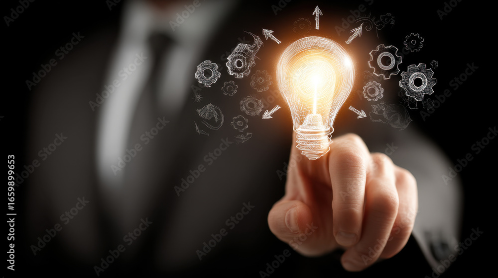 Poster innovative idea concept with glowing light bulb and gears, symbolizing creativity and problem solvin