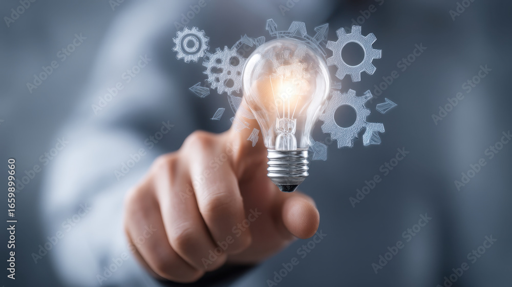Poster innovative light bulb concept with gears symbolizing creativity and ideas. hand interacts with light