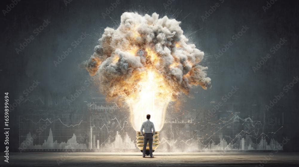 Poster person stands in front of large explosion, symbolizing dramatic event or breakthrough in business or