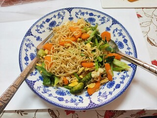 Stir Fried Instant Noodles with Vegetables and Egg