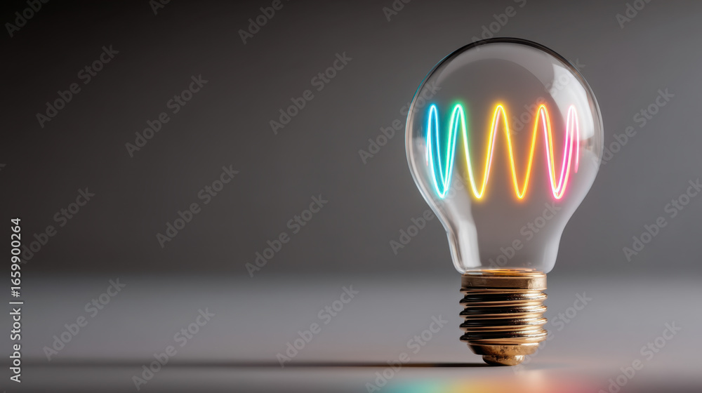 Poster colorful light bulb with unique design showcases vibrant neon waves inside, creating striking visual