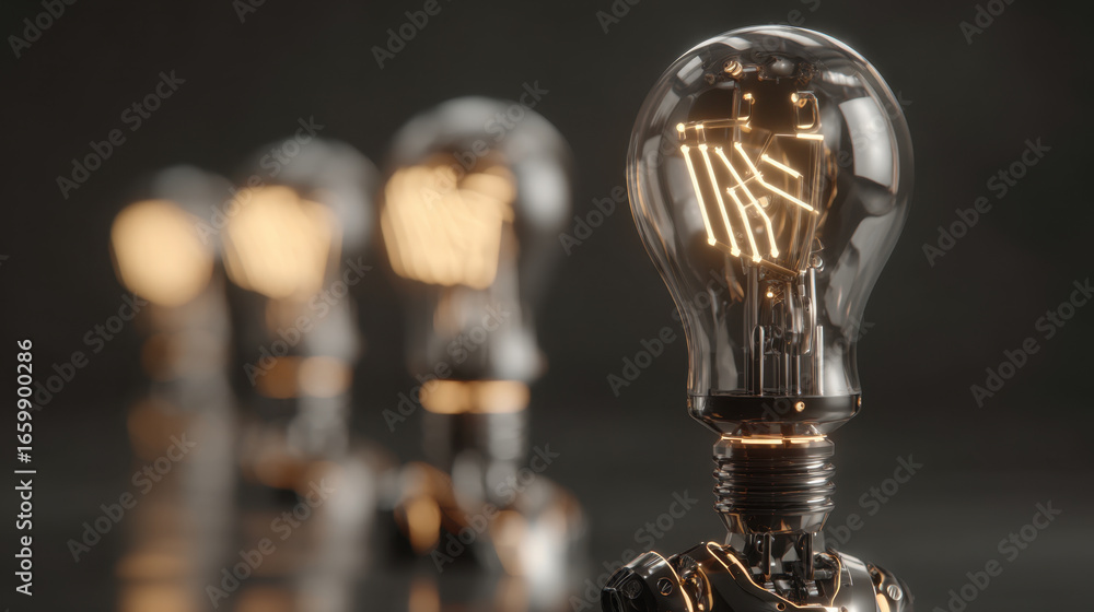 Poster futuristic display of light bulbs with intricate filament designs, showcasing blend of technology an