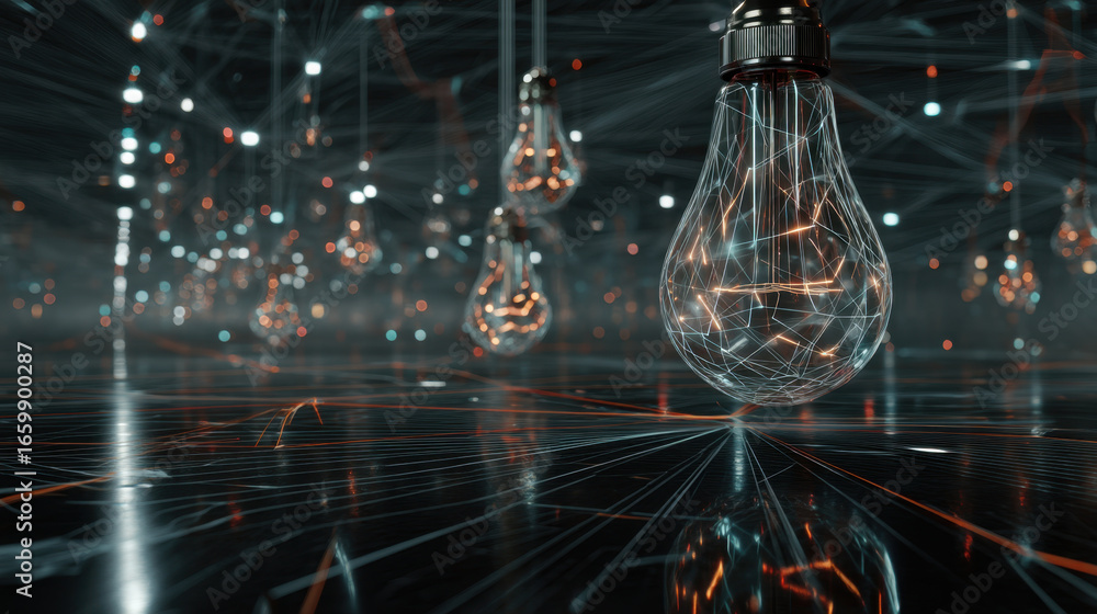 Poster illuminated light bulbs with intricate wire designs hang in dark, abstract space filled with glowing