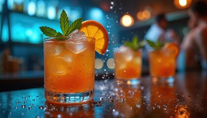 Refreshing cocktail with ice, orange slice, and mint garnish sits on a bar. Bubbles rise in the glass. Background shows blurred bar lights and people, suggesting a vibrant nightlife scene.