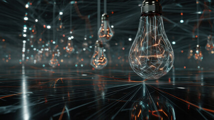 Illuminated light bulbs with intricate wire designs hang in dark, abstract space filled with glowing lines and connections, creating futuristic atmosphere