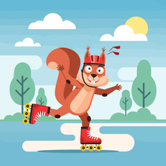 Naklejka premium Cartoon squirrel roller skating outdoors with trees and sun.