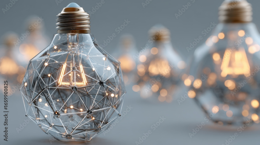 Poster modern light bulbs feature intricate designs with glowing filaments and geometric patterns, creating