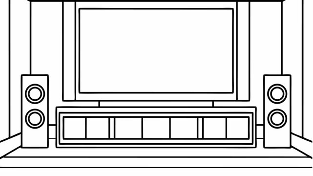 Illustration of a living room setup with a tv speakers and a storage unit in black and white line art |  editable eps vectors silhouette