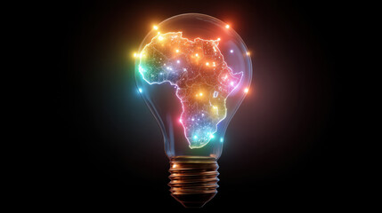 Glowing light bulb shaped like Africa, filled with colorful lights and starry effect, symbolizes innovation and creativity. This artistic representation highlights continent potential and vibrancy