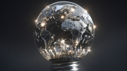 Stunning glass globe showcases detailed map of world, illuminated by sparkling lights representing cities. This artistic representation symbolizes global connectivity and innovation, evoking sense