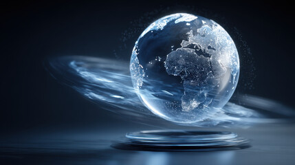 Stunning digital representation of rotating globe, showcasing continents and city lights, surrounded by swirling light effects. This evokes sense of global connectivity and technological