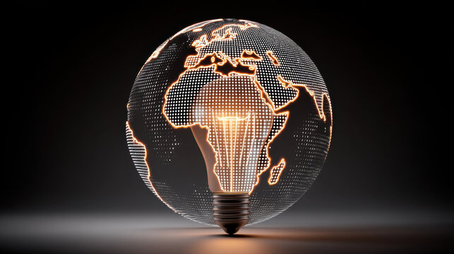 Glowing light bulb shaped like globe, featuring digital map of Africa, symbolizes innovation and sustainability. design merges technology with environmental awareness, creating striking visual
