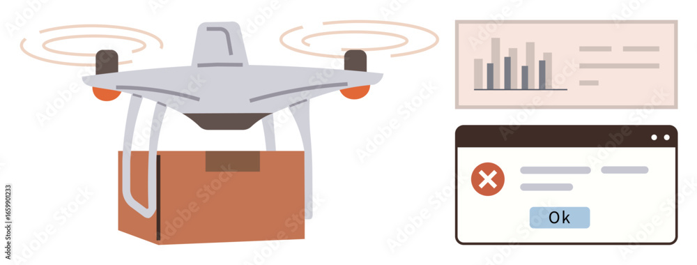 Poster drone carrying a package, error notification displayed on a screen, and a data analysis chart. ideal