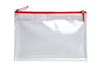 Clear plastic zipper pouch with red trim isolated on transparent background