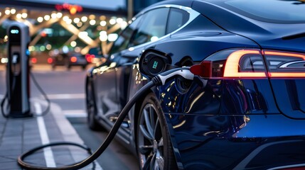 Electric car charging at public station in urban environment