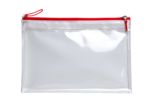 Clear plastic zipper pouch with red trim isolated on transparent background