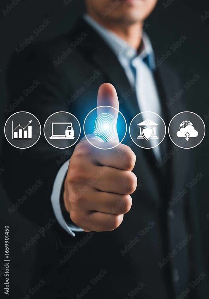 Poster businessman thumb up with digital security icons image