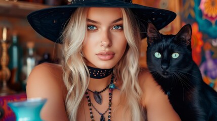 Fortune teller posing with black cat and wearing wide brimmed hat