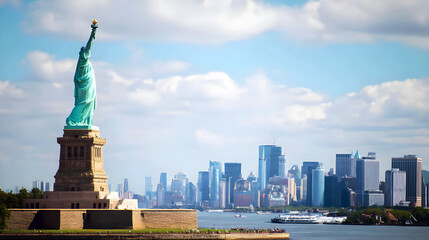 Statue of Liberty with Manhattan Skyline and Ferry on a Bright Sunny Day