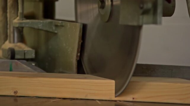 Power saw blade cutting through wood with sparks and dust during active woodworking process.