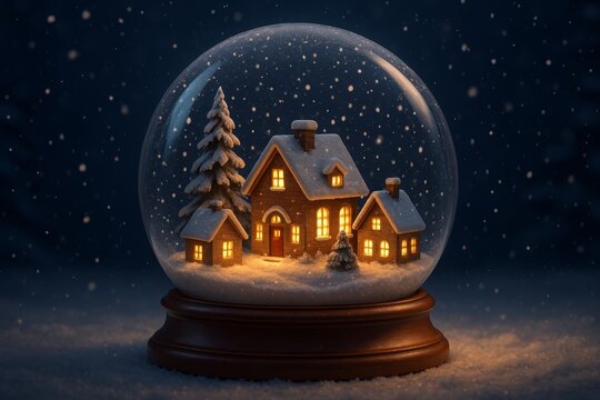 Cozy snow globe with glowing village and falling snow—perfect festive winter background for holiday cards, ads, and prints.