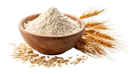 Bowl of whole wheat flour with wheat stalks isolated on transparent background