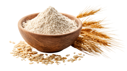 Bowl of whole wheat flour with wheat stalks isolated on transparent background
