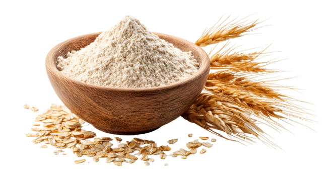 Bowl of whole wheat flour with wheat stalks isolated on transparent background