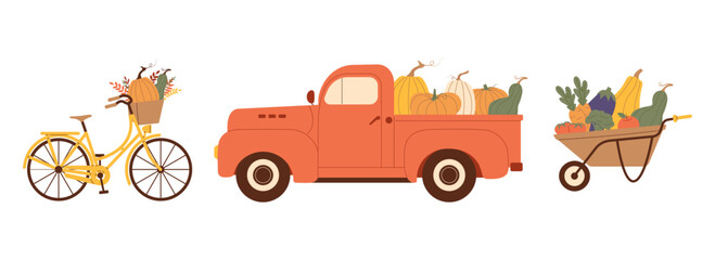 Fall harvest collection with pickup, pumpkins, bike, and wheelbarrow of vegetables. Vector illustration for autumn decor, Thanksgiving design, seasonal clipart