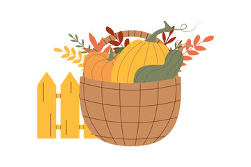 Autumn Basket of pumpkins on an isolated background. Vector illustration for fall harvest, Thanksgiving invitation, seasonal postcard design