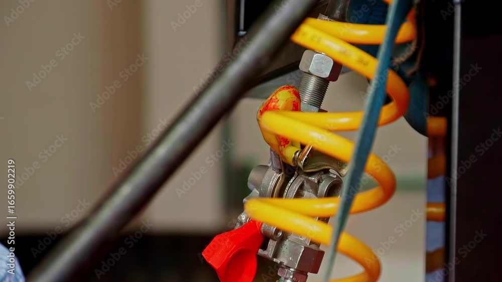 Poster closeup of gloved hands adjusting pressure tool with rubber grip and cable loop in use