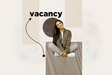 Banner image sketch 3d collage poster of happy employee girl guy stand arrow vacancy hiring...