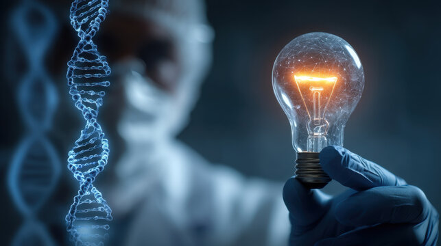 Innovative scientist holding glowing light bulb, symbolizing creativity and discovery in genetics. DNA strands are visible in background, representing scientific research and advancement