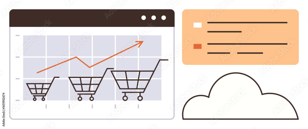 Poster shopping carts increasing in size on a growth chart with upward arrow, cloud storage, and data point
