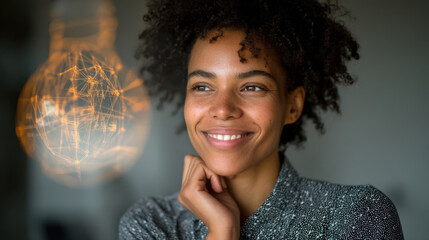 Naklejka premium Smiling woman with curly hair is thoughtfully gazing while resting her chin on her hand. background features glowing light bulb, creating warm and inviting atmosphere