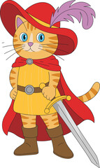 Cartoon knight cat vector, heroic feline character illustration, fantasy animal clipart, sword-wielding cat, storybook mascot, whimsical costume design