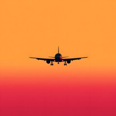 An Airplane Silhouette Approaching Against a Dramatic Orange and Red Sunset

