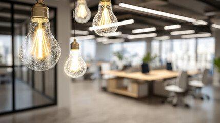 Modern office interior features stylish pendant lights illuminating spacious workspace. design combines functionality with aesthetics, creating bright and inviting atmosphere for productivity